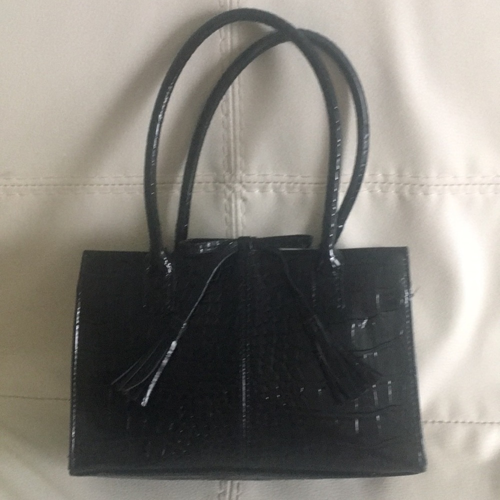 Synthetic  patent leather black satchel